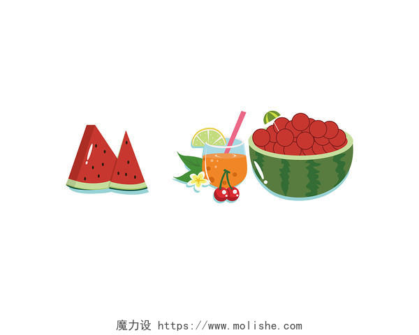 彩色手绘卡通西瓜水果饮料夏天元素PNG素材